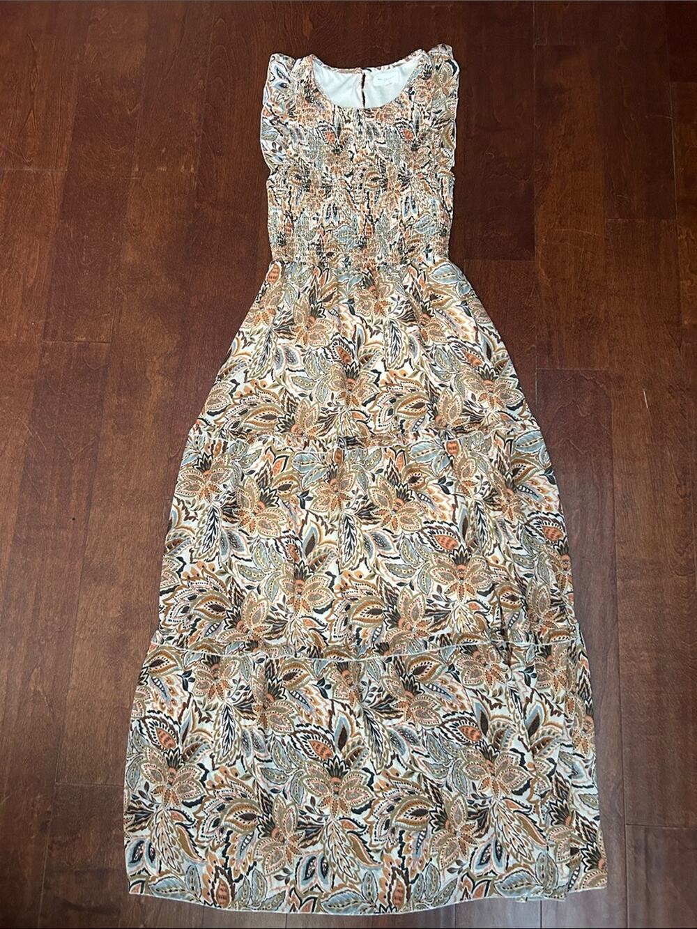 Melloday Sleeveless Brown Floral Maxi Dress with an Adorable Back, Size Small